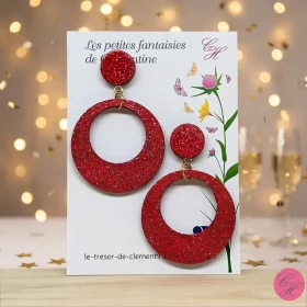 Grande Créole sur bouton d'oreille, rouge pailleté moment festif, boucle d'oreille fantaisie légères