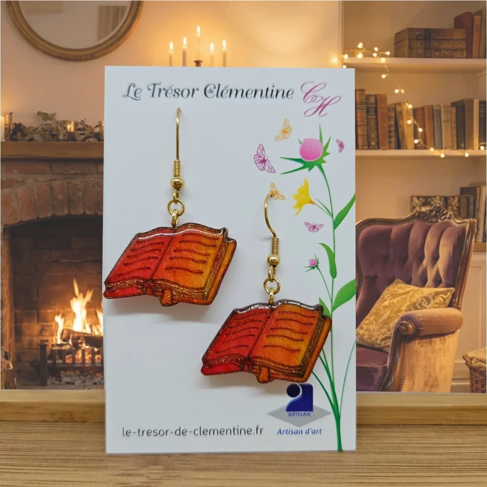 Boucles d'Oreilles Livre Miniature "Ton Feu" - Bijou Créateur Fait Main en Acier Inoxydable