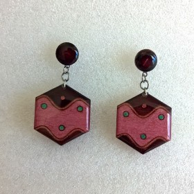 Boucle d'oreille rose et marron hexagone vague, bijou de créateur, modèle unique couleur profonde