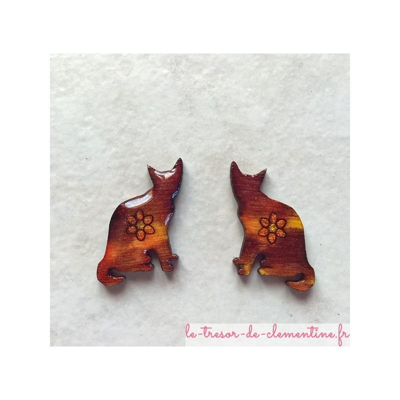 Boucle d'oreille fantaisie chat marron bouton oreille percée (clou) ou non percée (clip) bijou artisanal