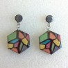 Boucle d'oreille fantaisie rose et blanc hexagone décor vague bijou fantaisie