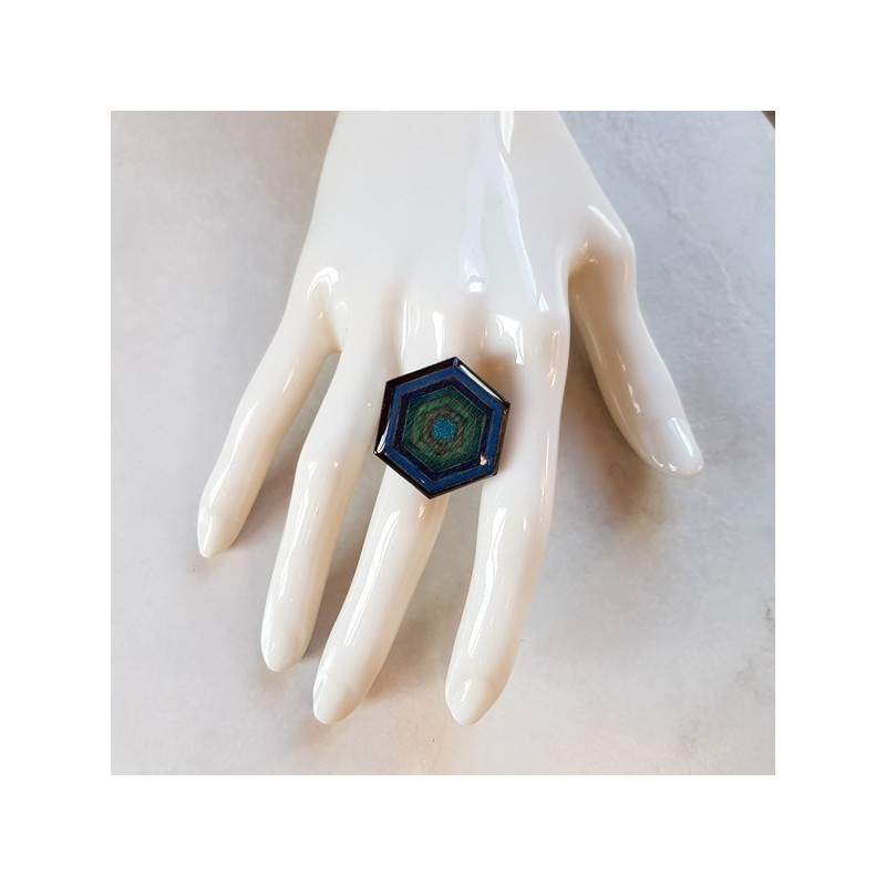 Bague femmes hexagonale bleu à turquoise, bague pour femmes support réglable (laiton plaqué argent) Bague femmes hexagonale bleu à turquoise, bague pour femmes support réglable (laiton plaqué argent)