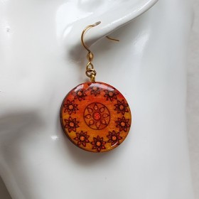 Boucles d'oreille fantaisie orange soleil et fleurs, bijou fantaisie décor à la main