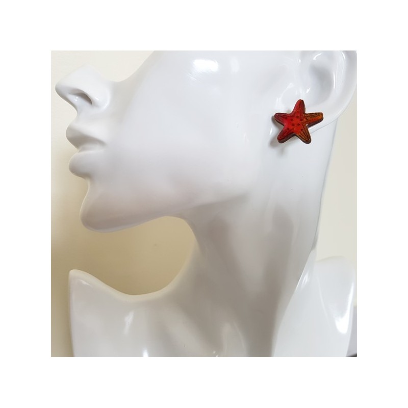 Puce d'oreille étoile de mer orange tons feux et scintillant, création artisanale française décor à la main Puce d'oreille étoile de mer orange tons feux et scintillant, création artisanale française décor à la main