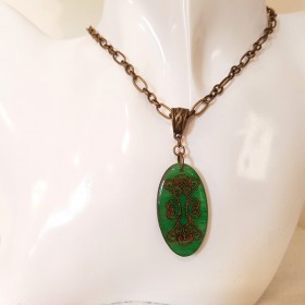 Bijou femme pendentif vert et bronze, chaîne personnalisable, bijou femme signé