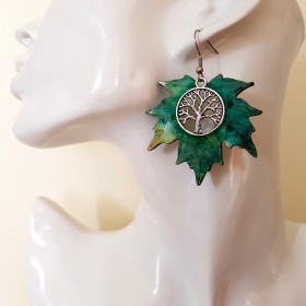 Boucles d'oreilles pendantes arbre de vie feuille érable tons vert