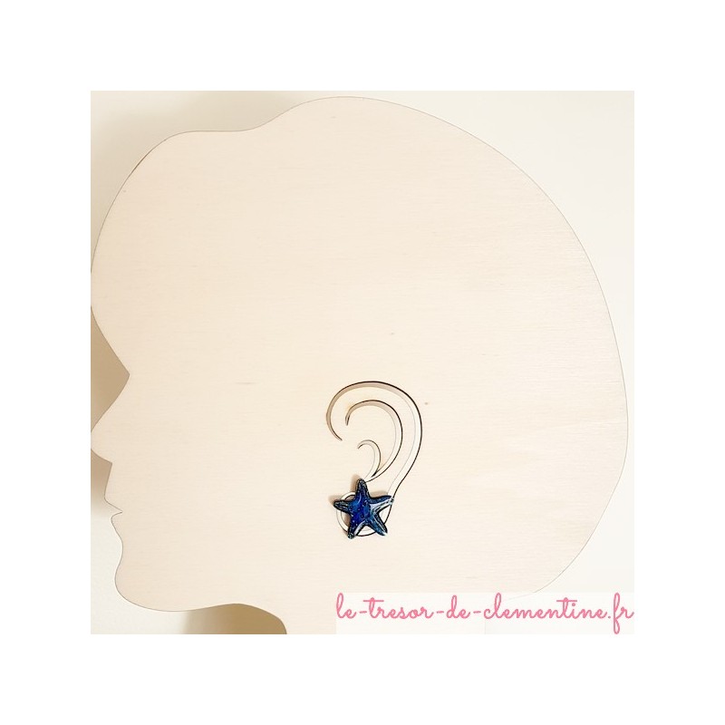 Bouton d'oreille étoile de mer turquoise création artisanale française façon émail