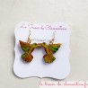 Boucles d'oreilles fantaisie oiseau colibri vert et feu artisanat d'art signé au dos