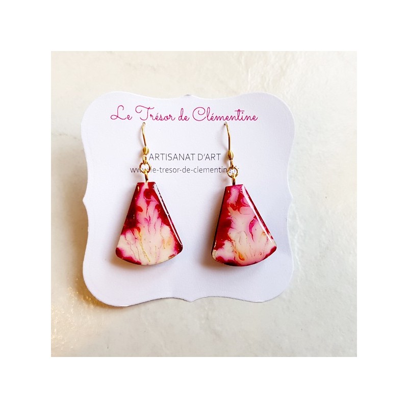 Boucle d'oreille femme rouge blanc triangle tronqué modèle unique artisanat d'art Boucle d'oreille femme rouge blanc triangle tronqué modèle unique artisanat d'art