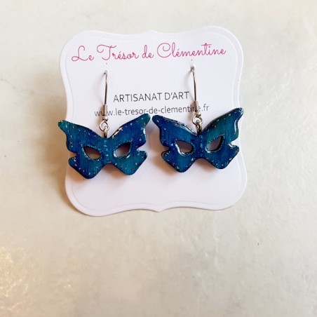 Boucle d'oreille femme masque papillon turquoise modèle unique