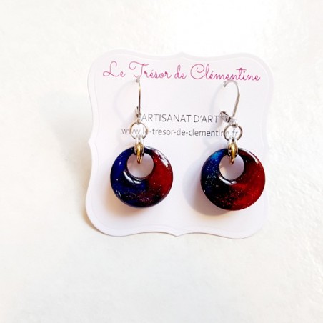 Boucle d'oreille artisanale chic ronde rouge à bleu nuit