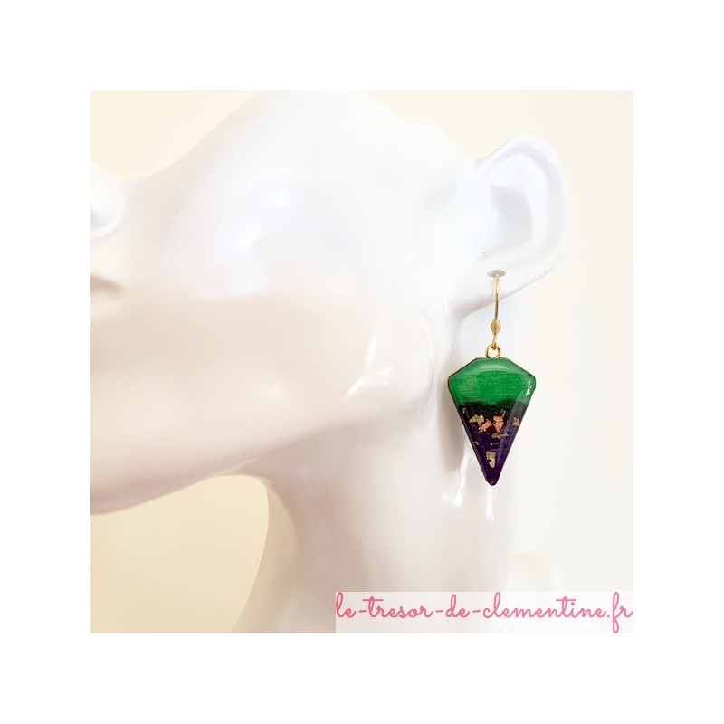Boucle d'oreille pendante vert, violet et pailleté or triangle tronqué