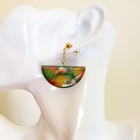 Boucle d'oreille femme forme demi-cercle tons verts doré et bronze