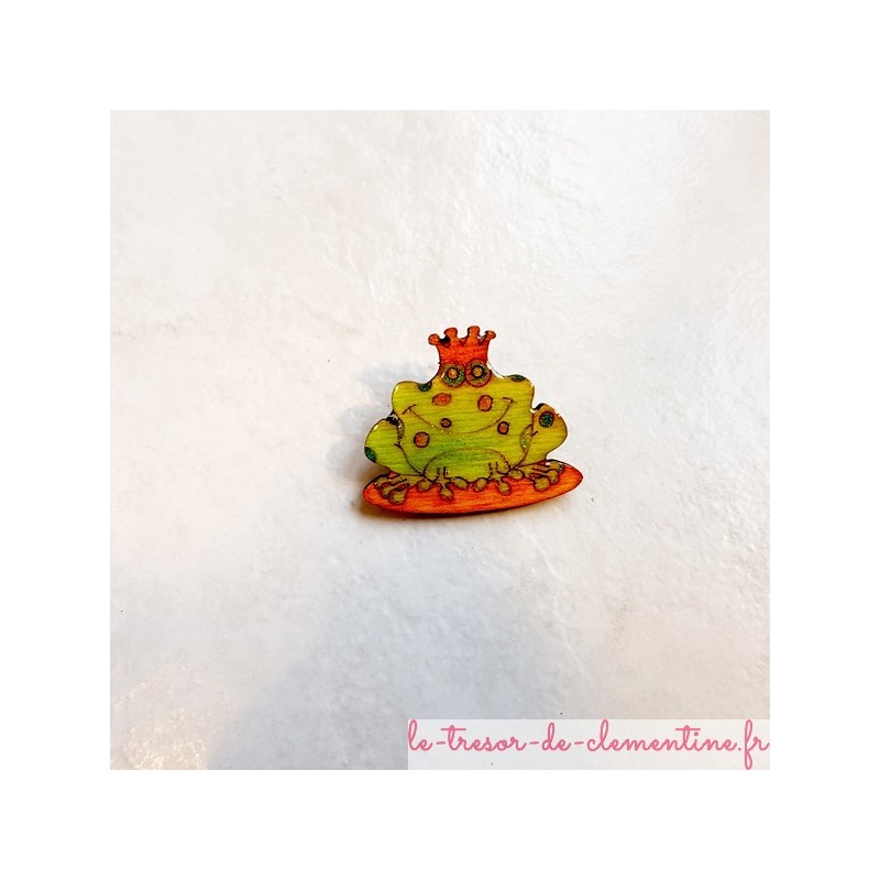 Broche fantaisie forme de prince grenouille vert anis et orange unique