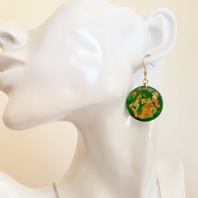 Boucles d'oreille femme vert pailleté or forme rond